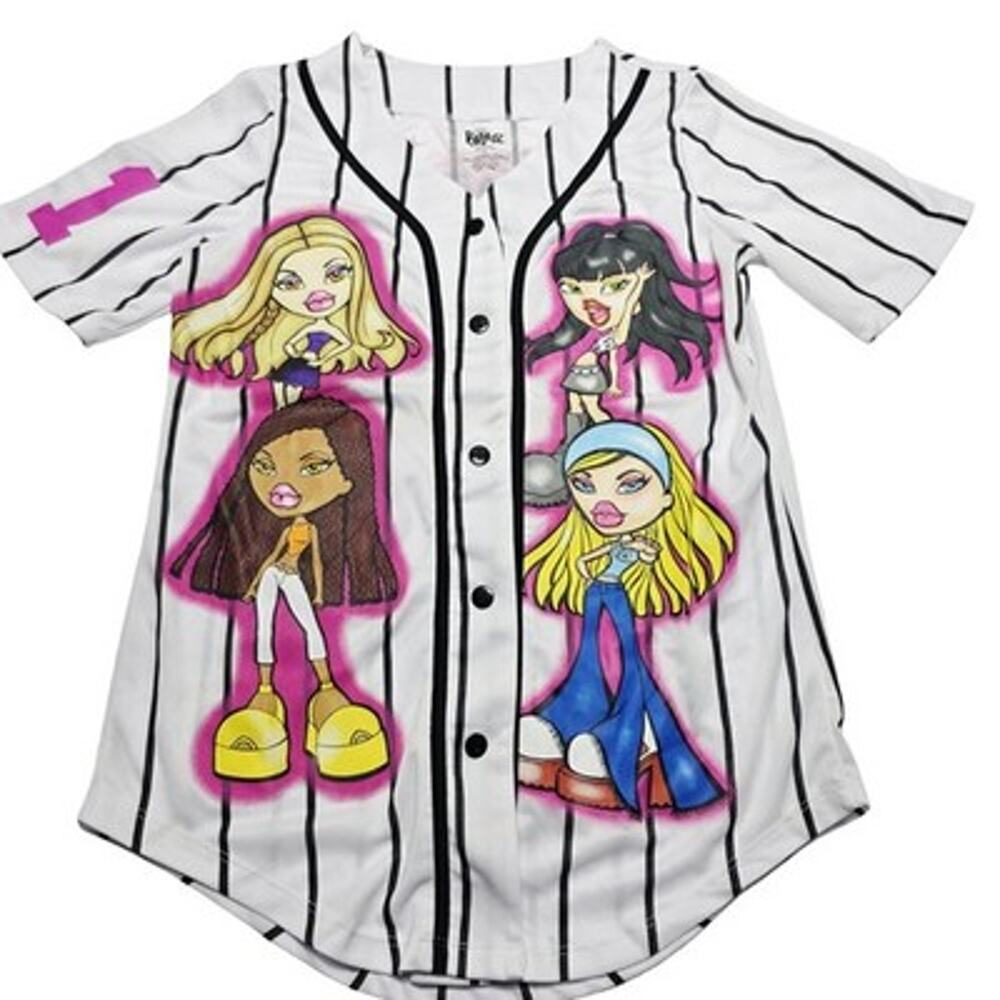 Bratz Women's Button Front Baseball Jersey Shirt Pinstripe White/Black Size L